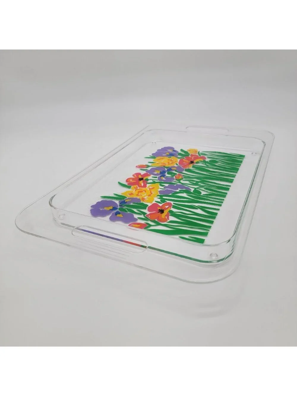Vintage Acrylic Floral Serving Tray With Handles Colorful Flower Design